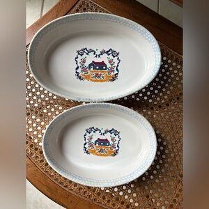Vintage Cottage Scene Oval Serving Bowls Set of 2 Farmhouse Folk Art Stoneware